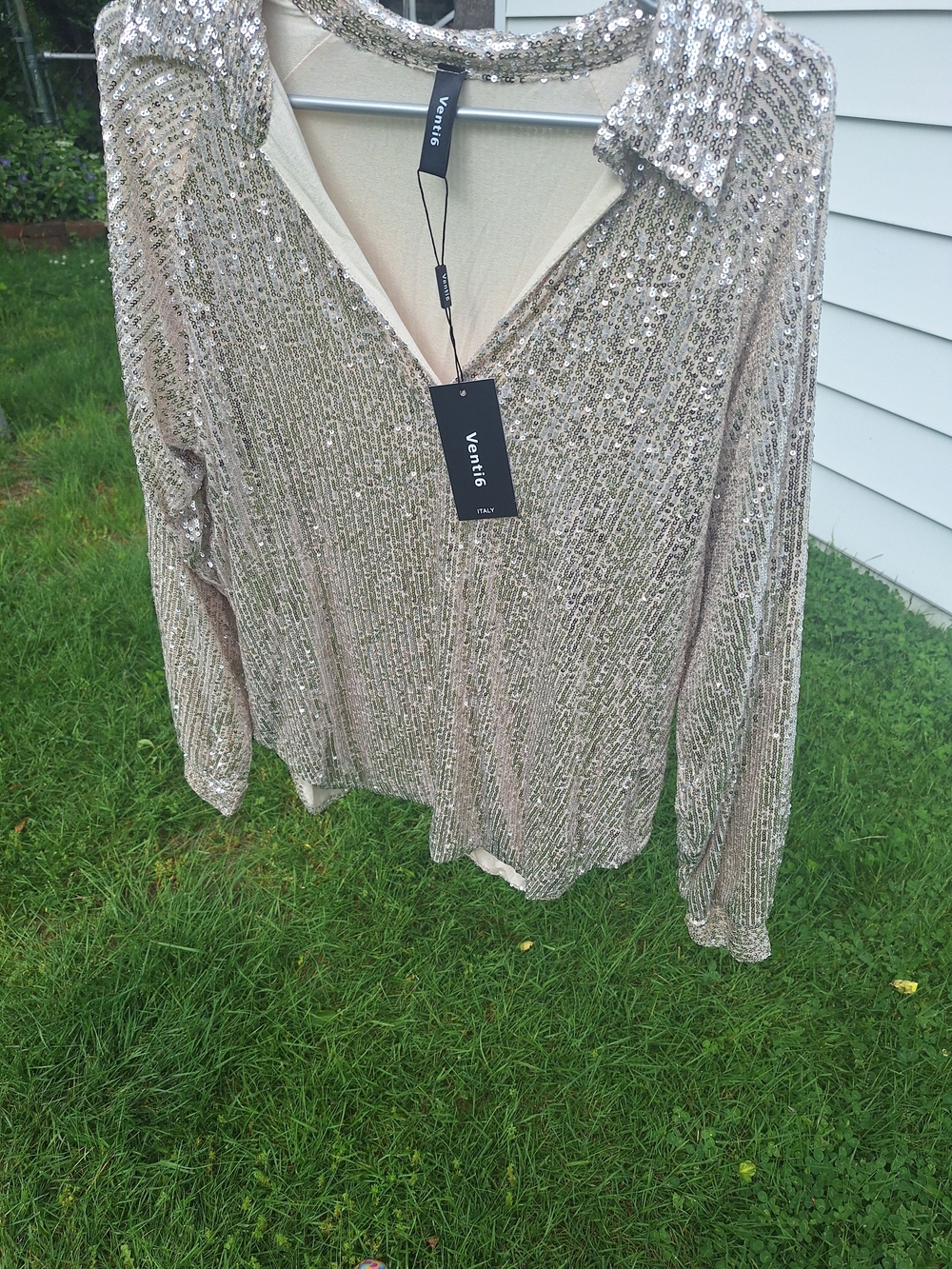 Venti6 NWT Made In Italy Size Sequin Collared Long-Sleeve Top in Champagne